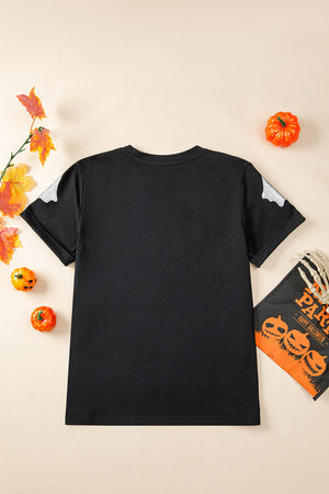 Black Glitter Ghost Pattern Crew Neck Halloween T Shirt — view 8