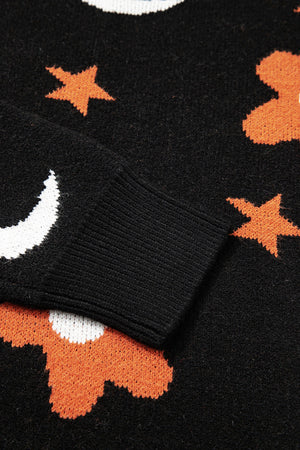 Black Halloween Mythical Night Pattern Drop Shoulder Sweater — view 8