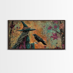 The Witch and The Raven Familiar, Framed Canvas Print, Halloween Gift, Halloween Props, Halloween Wall Art — view 3