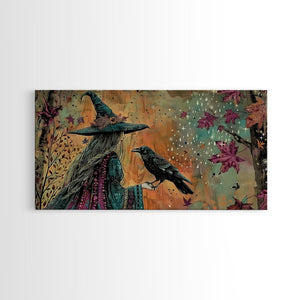 The Witch and The Raven Familiar, Framed Canvas Print, Halloween Gift, Halloween Props, Halloween Wall Art — view 4