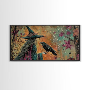 The Witch and The Raven Familiar, Framed Canvas Print, Halloween Gift, Halloween Props, Halloween Wall Art — view 2