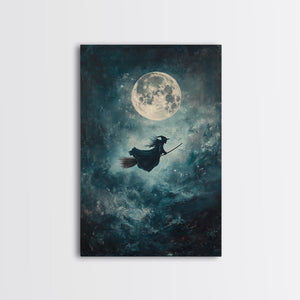 Witchy Decor, Witch Wall Art, Witch Riding a Broom Under a Full Moon, Witch Painting, Framed Canvas Print, Witchy Wall Art, Halloween Decor — view 1