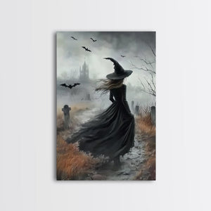 Gothic Oil Painting Print Of a Witch in a Grave Yard, Framed Canvas Print, Dark Academia, Gothic Art, Goth Decor, Halloween Wall Art — view 1