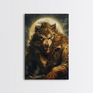Ferocious Werewolf Under Full Moon Framed Canvas Print | Halloween Monster Art | Spooky Werewolf Decor for Home | Intense Werewolf Artwork — view 3