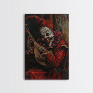 Sinister Clown with Blood-Stained Mandolin | Halloween Wall Art | Spooky Home Decor | Creepy Clown Mandolin Painting | Framed Canvas Print — view 3
