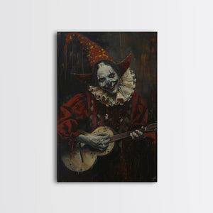 Creepy Clown Playing Guitar, Framed Canvas Print, Spooky Circus Art, Halloween Wall Decor, Horror Clown Illustration, Creepy Home Decor — view 3