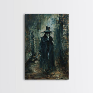 Ghostly Figure in Victorian Attire - Eerie Night Stalker Gothic Art Framed Canvas Print, Halloween Haunted House Decor — view 3