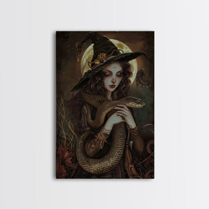 Witch Holding Snake under Full Moon - Dark Forest Sorcery Gothic Art Framed Canvas Print, Halloween Witchy Decor — view 3