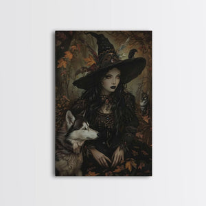 Witch with Wolves in Enchanted Forest - Dark Sorcery Mystical Art Framed Canvas Print, Halloween Gothic Decor — view 3