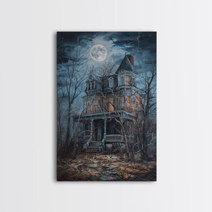 Abandoned House Under Moon Full Halloween Art, Spooky Mansion, Haunted Home, Creepy Decor, Gothic Artwork, Framed Canvas Print — view 3