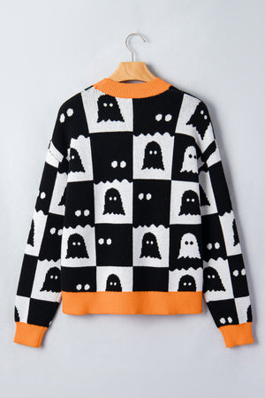 Halloween Ghost Checker High Neck Drop Shoulder Sweater — view 3