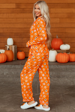 Orange Halloween Print Lapel Shirt Long 2pcs Pajama Set — view 16
