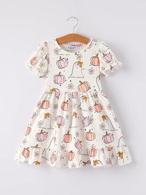 Halloween Pumpkin Ghost Print Cute Girls Dress — view 7
