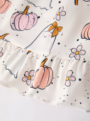 Halloween Pumpkin Ghost Print Cute Girls Dress — view 11