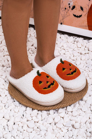 White Halloween Pumpkin Print Plush Slippers (Runs Small, Size Up) — view 3