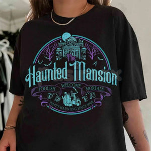 Vintage Haunted Mansion Hitchhiking Ghosts T-Shirt - Retro Halloween "Welcome Foolish Mortals" Tee, Premium 100% Cotton Disney Vacation Top, Funny Spooky Family Trip Shirt, Classic 999 Happy Haunts Graphic, Soft Lived-In Heavyweight Theme Park Apparel — view 3