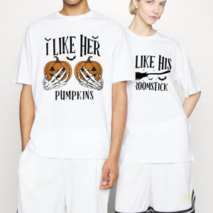 "I Like Her Pumpkins / I Like His Broomstick" T-Shirts - Funny Matching Couple Halloween Tees, Casual Spooky Style — view 3