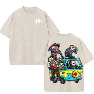 Halloween Scary Cartoon Character Print Dead By Daylight – Washed Tee, Cotton Menswear Top — view 4