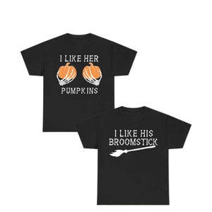 Halloween Couple T-Shirts – I Like Her Pumpkins / I Like His Broomstick — view 4