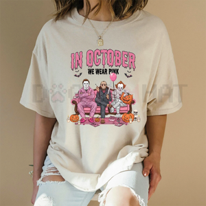 Women's Halloween Graphic T-Shirt – "In October We Wear Pink" Lettering with Ghosts Pumpkins Candy Design — view 3