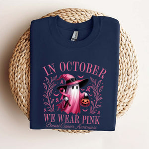 In October We Wear Pink Ghost T-Shirt - Breast Cancer Awareness & Halloween Tee, Pink Ribbon Shirt — view 3