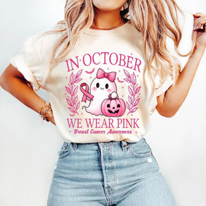 In October We Wear Pink T-Shirt - Retro Breast Cancer Awareness Tee, Halloween Pink Ghost Shirt — view 3