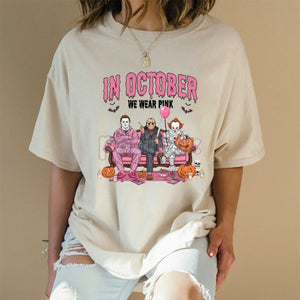 Women's "In October We Wear Pink" Halloween Graphic T-Shirt - Breast Cancer Awareness & Spooky Design Tee, Hot Topic Style Party Top — view 3
