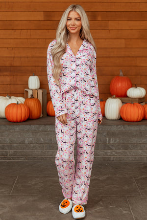 Pink Halloween Eve Haunted Honey Bat Print Pajama Set — view 10