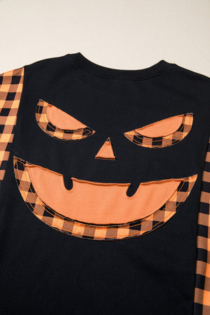 Halloween Pumpkin Gingham Patchwork Long Sleeve Top — view 5