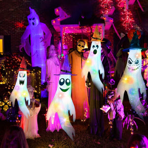 4-Pieces: Halloween Ghosts with Witch Hats Windsocks Hanging Decoration with Colorful LED Light — view 12