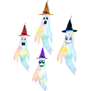 4-Pieces: Halloween Ghosts with Witch Hats Windsocks Hanging Decoration with Colorful LED Light — view 3