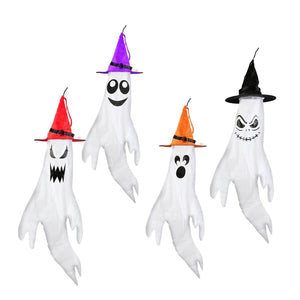 4-Pieces: Halloween Ghosts with Witch Hats Windsocks Hanging Decoration with Colorful LED Light — view 4