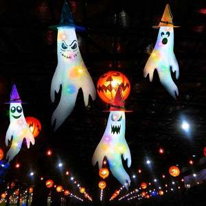 4-Pieces: Halloween Ghosts with Witch Hats Windsocks Hanging Decoration with Colorful LED Light — view 10