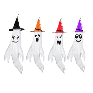4-Pieces: Halloween Ghosts with Witch Hats Windsocks Hanging Decoration with Colorful LED Light — view 2