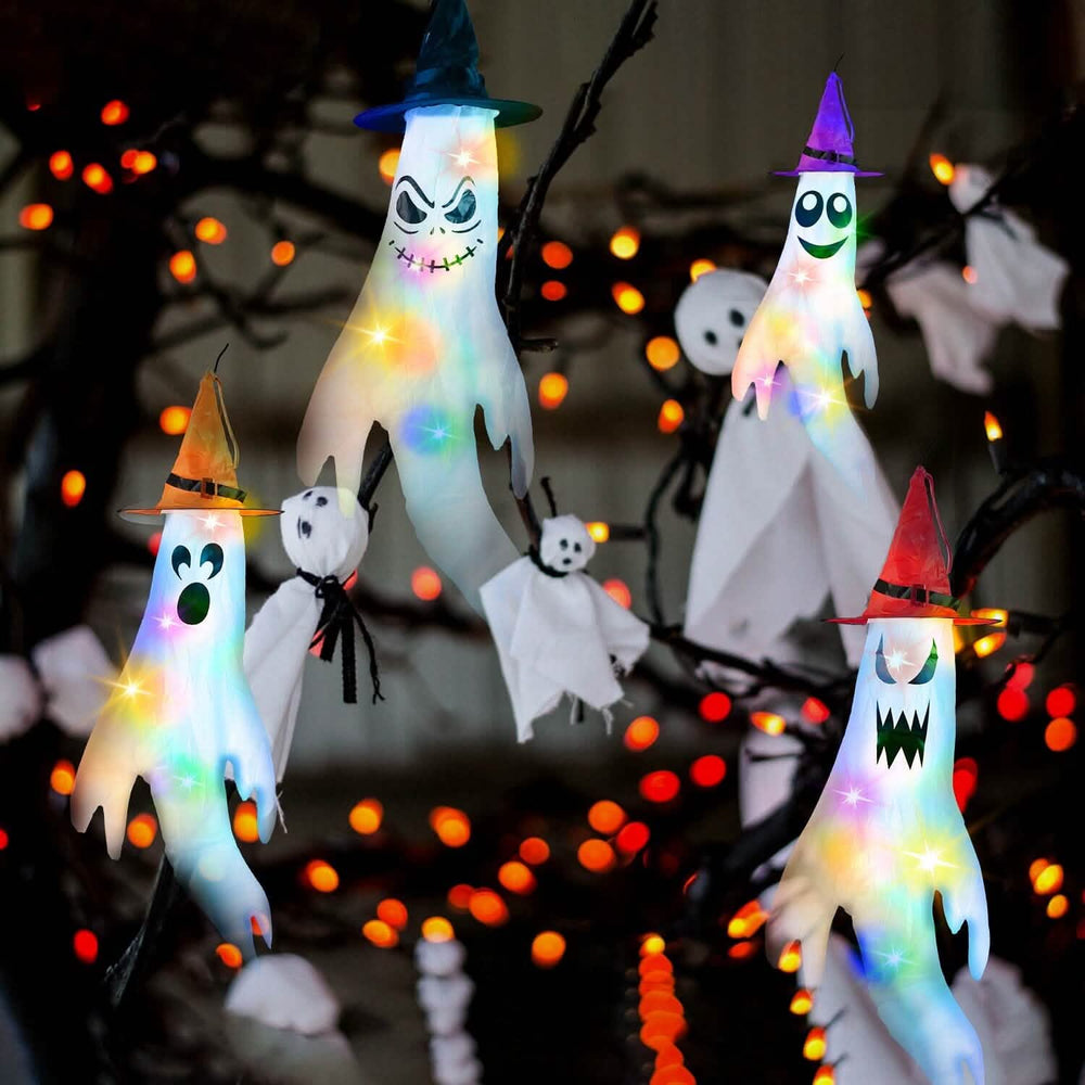 4-Pieces: Halloween Ghosts with Witch Hats Windsocks Hanging Decoration with Colorful LED Light