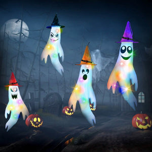 4-Pieces: Halloween Ghosts with Witch Hats Windsocks Hanging Decoration with Colorful LED Light — view 13