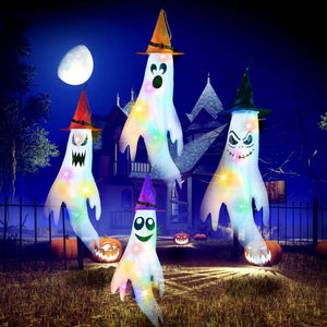 4-Pieces: Halloween Ghosts with Witch Hats Windsocks Hanging Decoration with Colorful LED Light — view 11