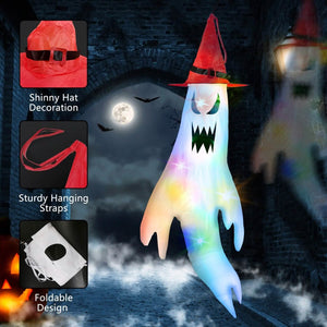 4-Pieces: Halloween Ghosts with Witch Hats Windsocks Hanging Decoration with Colorful LED Light — view 6