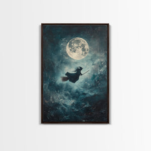 Witchy Decor, Witch Wall Art, Witch Riding a Broom Under a Full Moon, Witch Painting, Framed Canvas Print, Witchy Wall Art, Halloween Decor — view 3