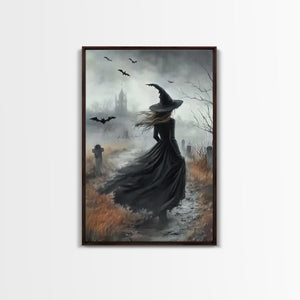 Gothic Oil Painting Print Of a Witch in a Grave Yard, Framed Canvas Print, Dark Academia, Gothic Art, Goth Decor, Halloween Wall Art — view 3