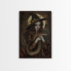 Witch Holding Snake under Full Moon - Dark Forest Sorcery Gothic Art Framed Canvas Print, Halloween Witchy Decor — view 4