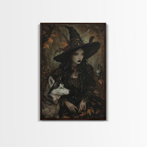Witch with Wolves in Enchanted Forest - Dark Sorcery Mystical Art Framed Canvas Print, Halloween Gothic Decor — view 4