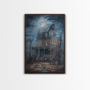 Abandoned House Under Moon Full Halloween Art, Spooky Mansion, Haunted Home, Creepy Decor, Gothic Artwork, Framed Canvas Print — view 4