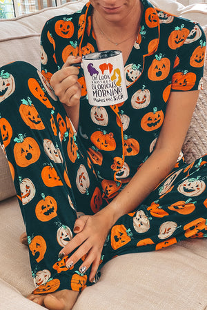 Orange Halloween Pattern Short Sleeve Shirt Pajama Set — view 1