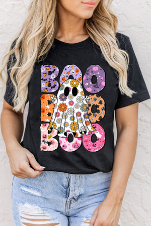 Black BOO Floral Ghost Print Crew Neck Halloween T Shirt — view 1