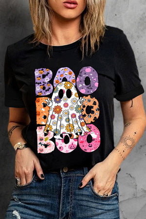 Black BOO Floral Ghost Print Crew Neck Halloween T Shirt — view 5