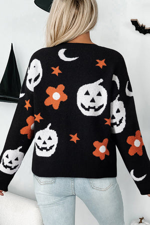 Black Halloween Mythical Night Pattern Drop Shoulder Sweater — view 2
