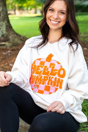 White Terry Halloween Pumpkin Patched Pattern Pullover Sweatshirt — view 4