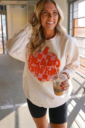 White Terry Halloween Pumpkin Patched Pattern Pullover Sweatshirt — view 2
