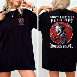 Don’t Like Me F*ck Off Problem Solved T-Shirt – Funny Halloween Graphic Tee, Unisex Casual Cotton Shirt — view 4